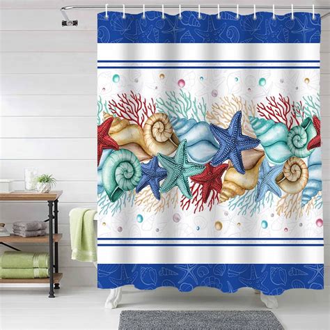 Nautical Starfish Navy Blue Shower Curtain, Ocean Beach Theme Shower ...