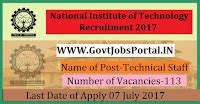 National Institute of Technology Recruitment 2017– 113 Technical Staff
