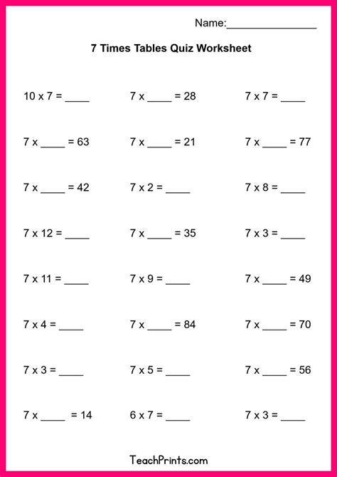 Free Seven Times Tables Worksheets (8 Versions) - Teach Prints