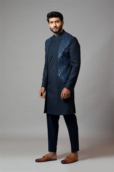 Pintucks and sequin embroidered Achkan