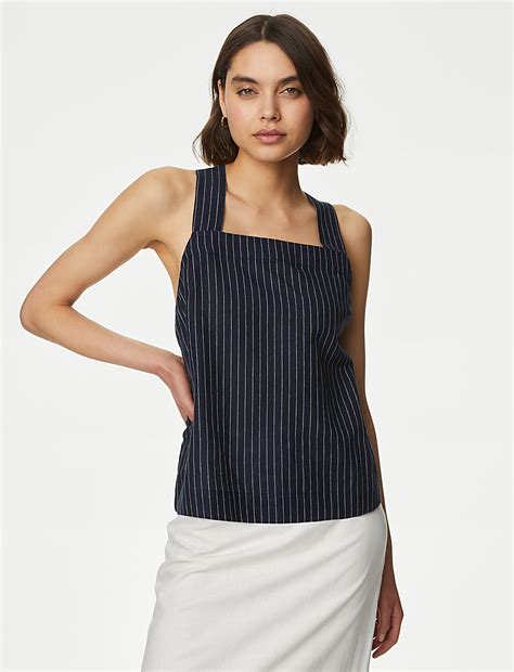 Buy Linen Rich Striped Square Neck Cami Top at Marks & Spencer