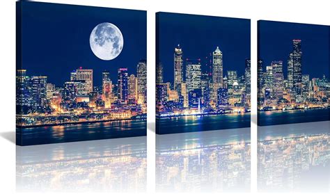 ASPORIC Panoramic Seattle Skyline Night Canvas Art Full Moon Over City ...