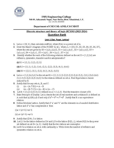 Question Bank for DSTL: Set Theory, Functions & Group Theory Topics ...