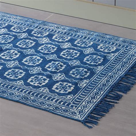 Cotton Dhurrie Rug, Floral, 5x3 ft, Indigo – Eyaas