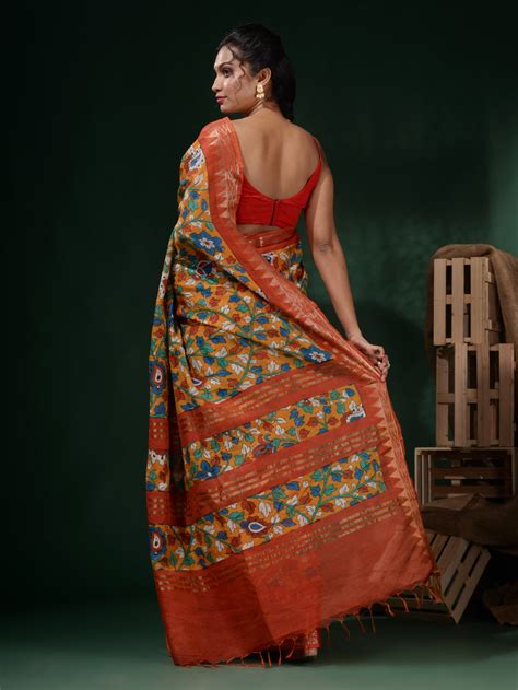 Yellow Silk Blend Handwoven Soft Saree With Floral Print – Charukriti