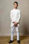 Buy Off White Chanderi Silk, Cotton, Linen Embroidery Floral Sherwani ...