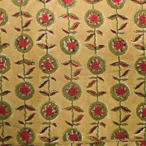 Pure Cotton Jaipuri Mustard With Red And Green Flower Creeper Hand Blo ...