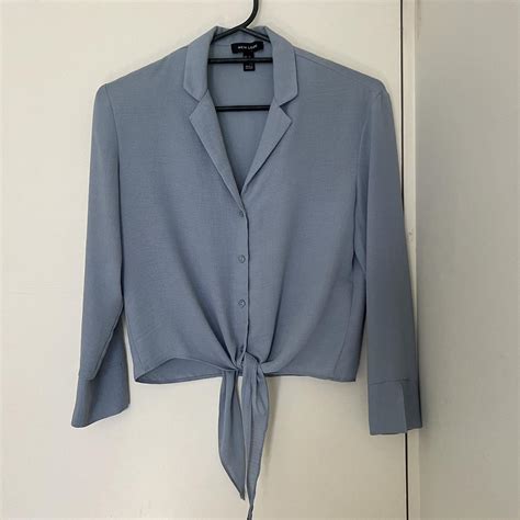 Pale blue button up shirt blouse with tie waist from... | Depop