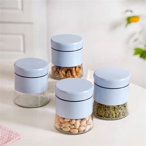 Glass Base Blue Metal Jar Set Of 4 600ml Online - Premium Jar With Lid ...
