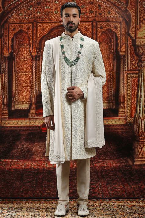 Off-White French Knot Embroidered Sherwani Set | Asuka Couture