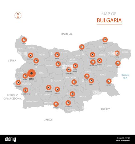 Stylized vector Bulgaria map showing big cities, capital Sofia, administrative divisions Stock ...