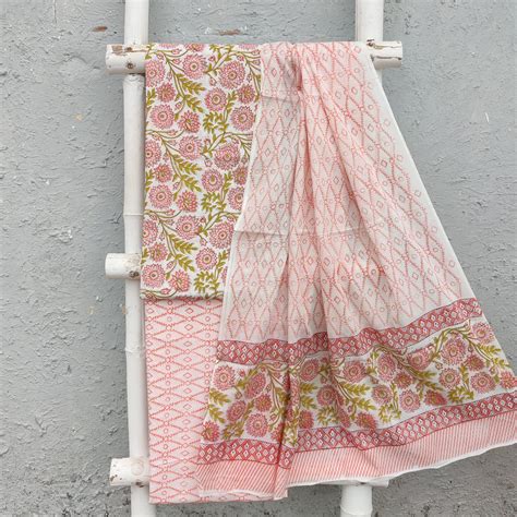 ROZANA - Pure Cotton Top Bottom And Dupatta Suit Piece Peach Genda Pho ...