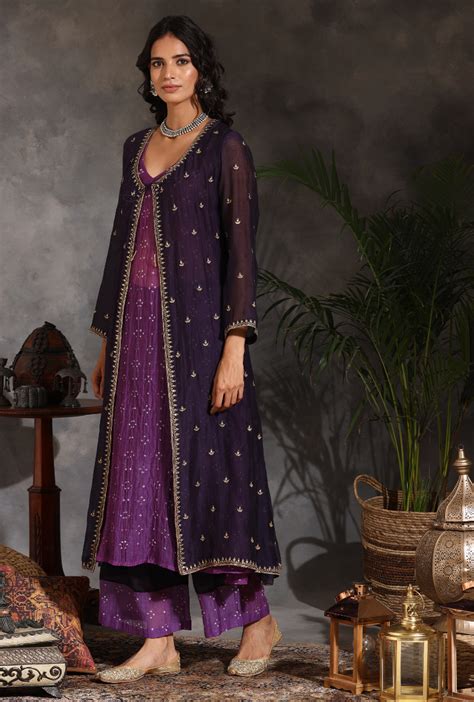 Saanjh 3 pc Purple Bandhej Jacket Set – Misri By Meghna Nayyar