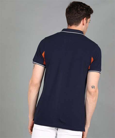 Men's Navy, Orange Colour-Block Slim Fit Half Sleeve Cotton Polo T-Shi ...
