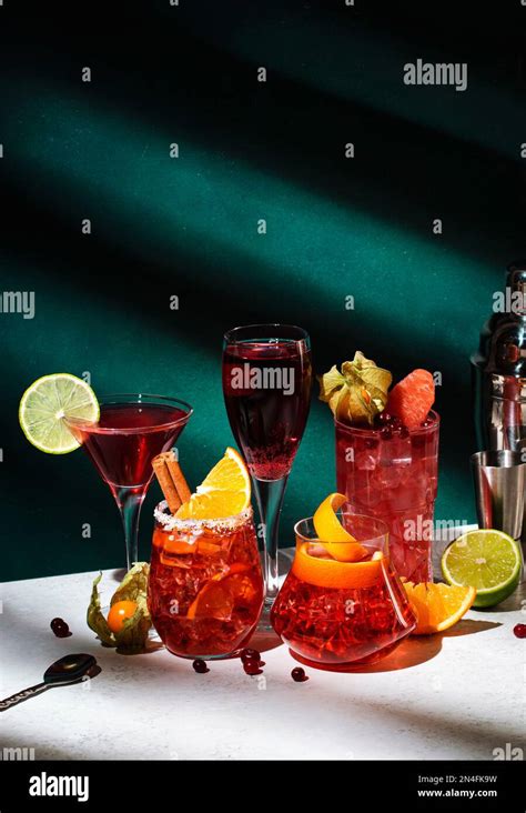 Red alcoholic cocktails set: kir royale, negroni, boulevardier ...