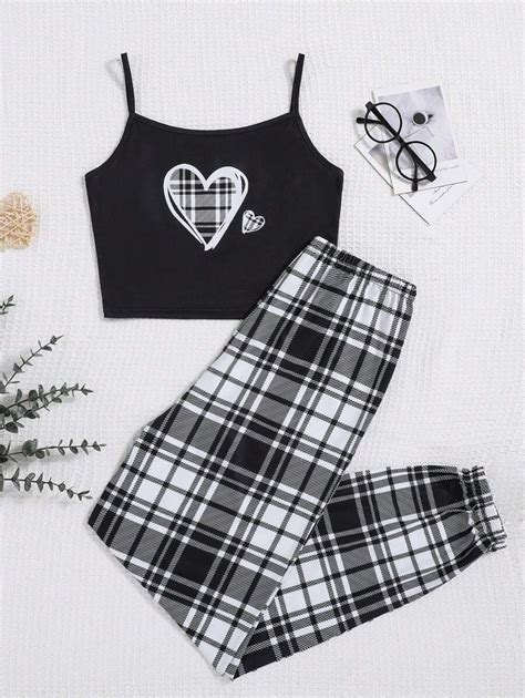 SHEIN Leap Crew Teen Girl Heart & Plaid Print Cami Top & Pants PJ Set ...