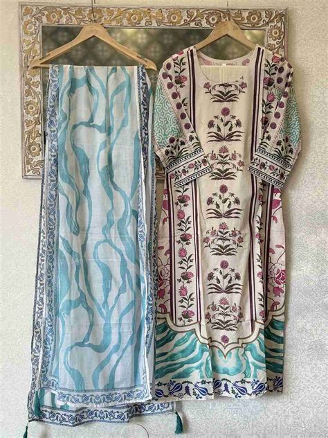 Pure Cotton Hand Embroidered Hand Block Print Suit Set in Pink ...