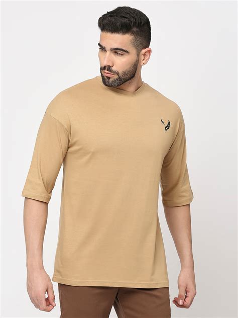 Buy Mens Khaki Cotton Lycra Back Print Drop Shoulder T-Shirt in Online ...