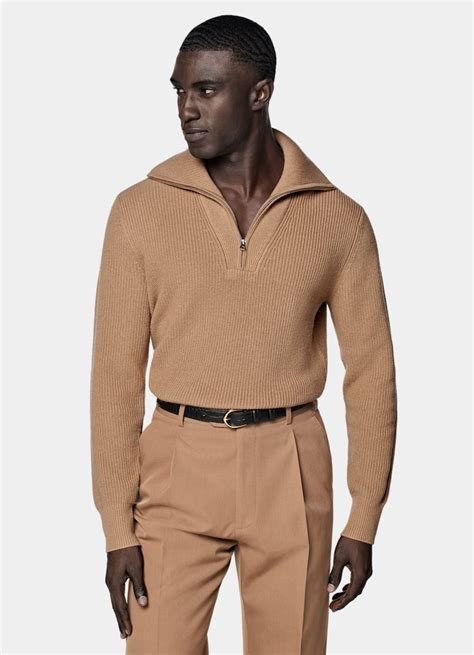 Mid Brown Ribbed Half Zip in Wool & Cashmere | SUITSUPPLY | SUITSUPPLY ...
