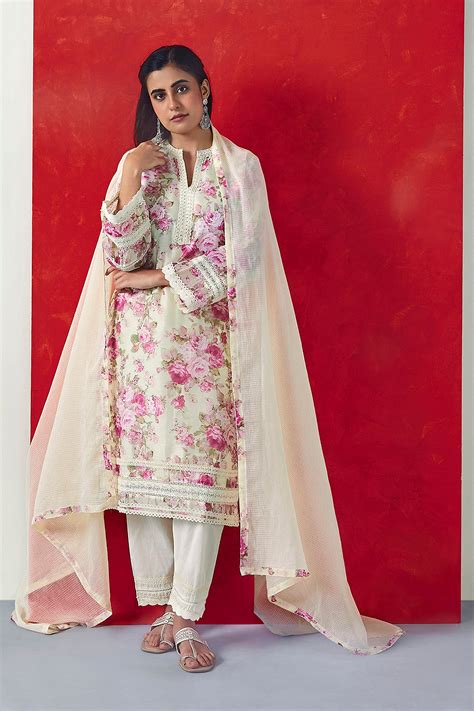 Cream Floral Printed Chanderi Suit Set | HER-394