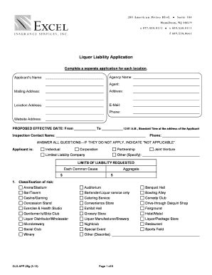 Fillable Online Liquor Liability Application - Excel Insurance Services ...