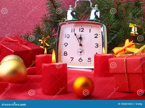 Christmas Vintage Clock and Candles. New Year`s Decoration with Gift ...