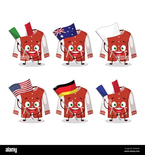Red baseball jacket cartoon character bring the flags of various countries. Vector illustration ...