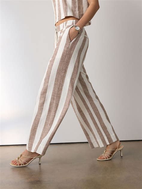 Buy Brown/Ecru Stripe Smart Front Linen Blend Wide Leg Trousers from ...