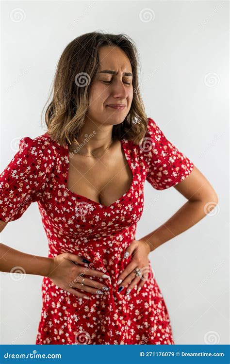 Beautiful Young Girl Holds Her Stomach, Which Has Spasms. Stock Image - Image of menstruation ...