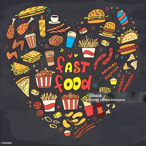 Frame From Colorful Fast Food Doodle On Chalkboard Burger Snacks ...