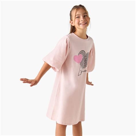 Juniors Heart Print Shift Dress with Balloon Sleeves