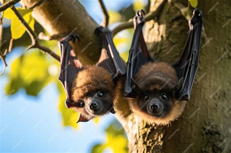 Premium Photo | Two bats hanging upside down from a tree