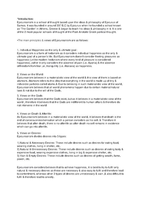 Epicureanism - *Introduction: Epicureanism is a school of thought based ...