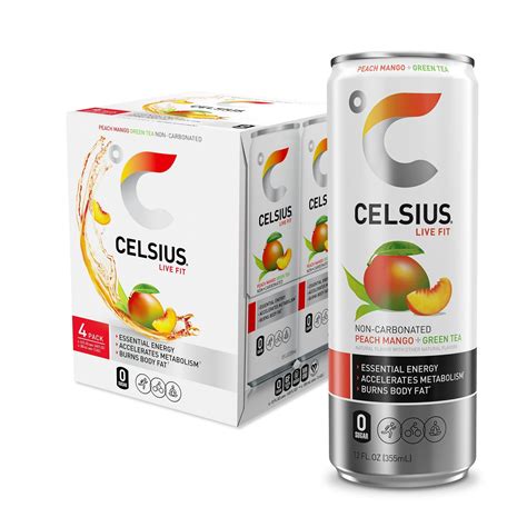 Pack of 6, Celsius Fizz Free Peach Mango Green Tea, 4 cans - 48 fl oz ...