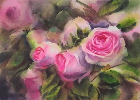 "Pinkroses": Red Violet Watercolor Painting by Puja Kumar | ArtZolo.com