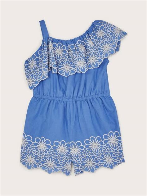 Monsoon Kids' Asymmetric Frill Floral Embroidered Playsuit, Blue