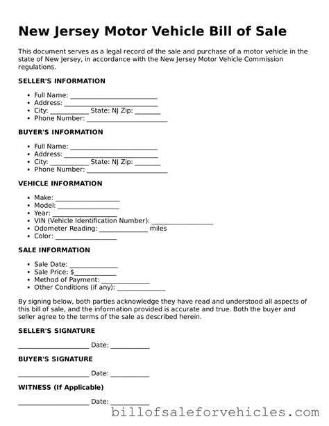 Valid New Jersey Motor Vehicle Bill of Sale Forms - Simple PDF Template