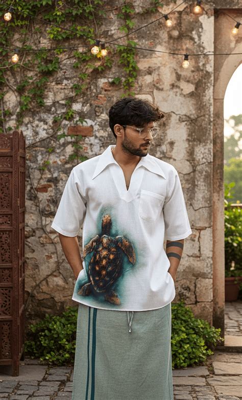 Turtle Print White Half Sleeve Kurta for Men | Nirmal Online