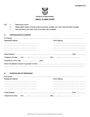 South Africa Small Claims Court Complaint Form - Blank Fillable ...