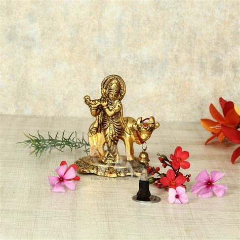 Handicrafts Paradise Metal Krishna with Cow in showpiece Figurine, Gold ...