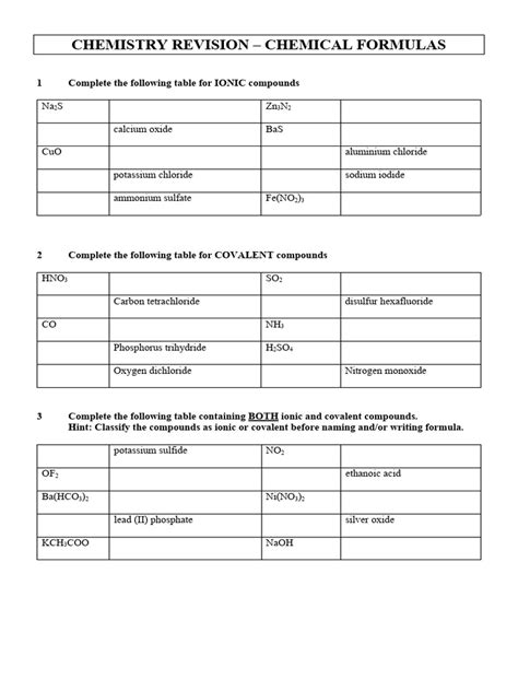 Chemical Formulas Revision Activity Worksheet Yr10 | PDF | Oxide | Nitrogen