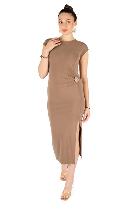 Ceyla Beige Super Swede Brushing Fit & Flare Midi Dress – Cory Edge