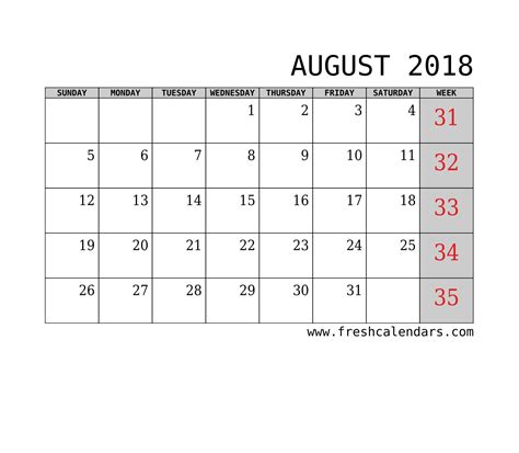 August 2018 Calendar Color