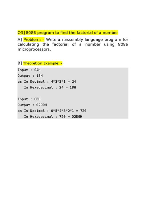 Micro Project - Q3] 8086 program to find the factorial of a number A ...