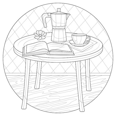 Kaffeemaschine, Tasse Kaffee und Buch auf dem Tisch.Malbuch Antistress ...