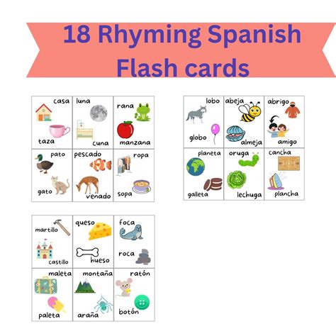 Set of 18 Spanish Rhyming Flash Cards, Preschool-educational Flashcards ...