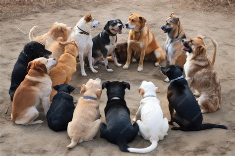 Premium Photo | A pack of dogs sitting in a circle looking at one ...