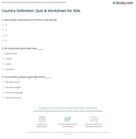 Country Definition: Quiz & Worksheet for Kids | Study.com