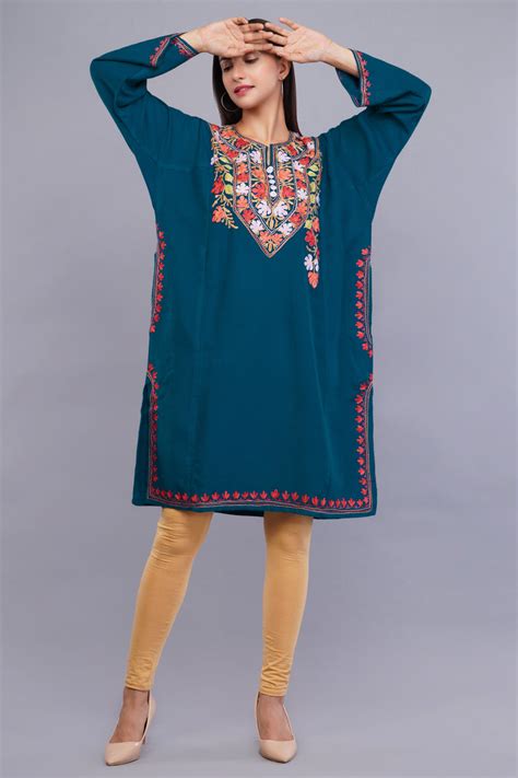 Buy Teal Blue Cashmilon Pheran with Aari Embroidery | Elegant Kashmiri ...