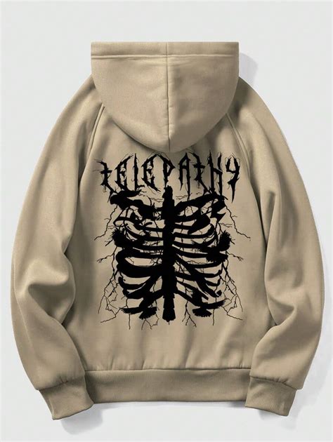 ROMWE MEN Grunge Punk Men Skeleton Print Kangaroo Pocket Drawstring ...